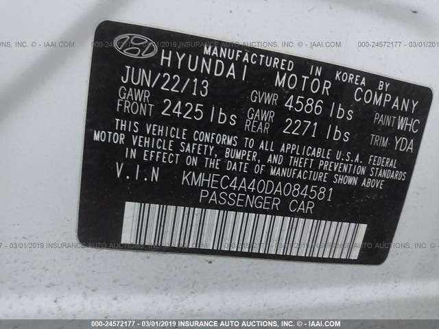 KMHEC4A40DA084581 - 2013 HYUNDAI SONATA HYBRID WHITE photo 9