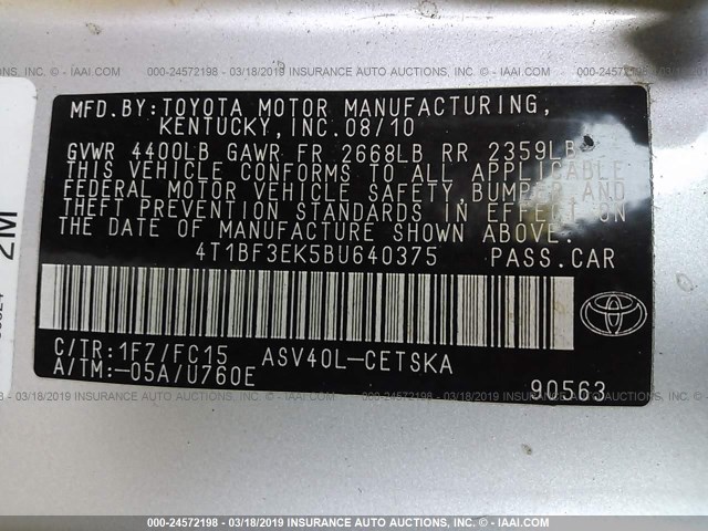 4T1BF3EK5BU640375 - 2011 TOYOTA CAMRY SE/LE/XLE SILVER photo 9
