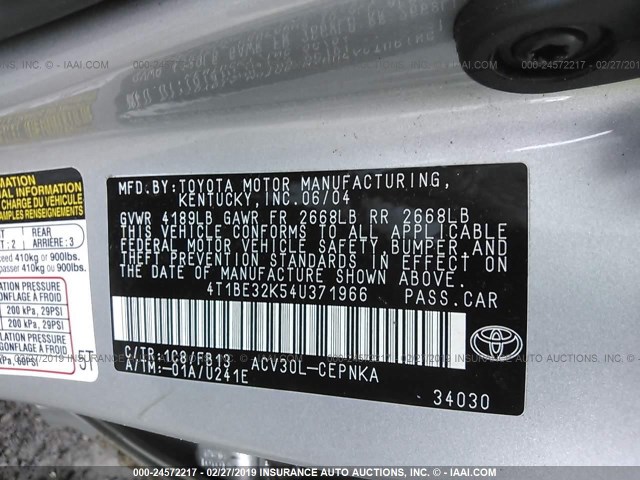 4T1BE32K54U371966 - 2004 TOYOTA CAMRY LE/XLE/SE SILVER photo 9