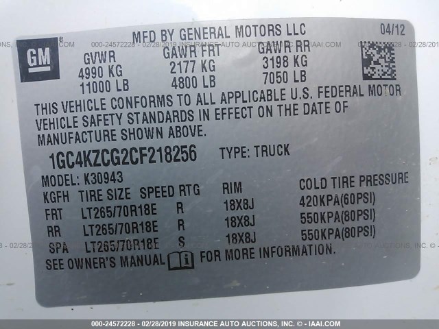 1GC4KZCG2CF218256 - 2012 CHEVROLET SILVERADO K3500 WHITE photo 9