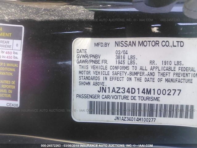 JN1AZ34D14M100277 - 2004 NISSAN 350Z COUPE BLACK photo 9