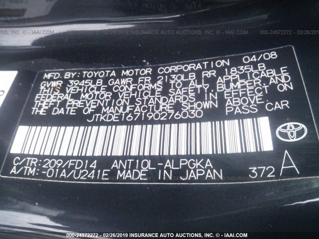 JTKDE167190276030 - 2009 TOYOTA SCION TC BLACK photo 9