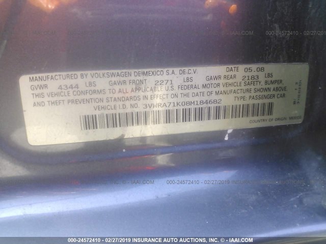 3VWRA71K08M184682 - 2008 VOLKSWAGEN JETTA WOLFSBURG 灰色 照片 9