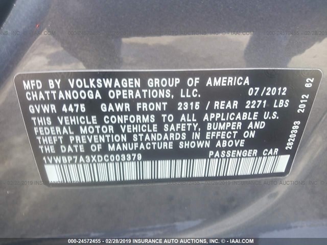 1VWBP7A3XDC003379 - 2013 VOLKSWAGEN PASSAT SE GRAY photo 9