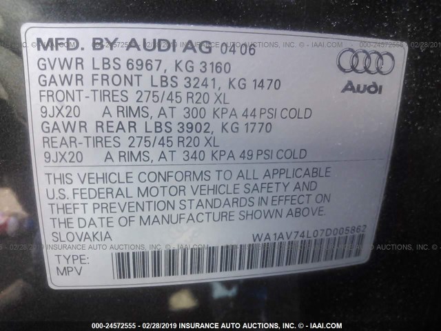 WA1AV74L07D005862 - 2007 AUDI Q7 4.2 QUATTRO GRAY photo 9