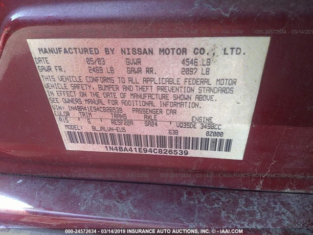 1N4BA41E94C826539 - 2004 NISSAN MAXIMA SE/SL MAROON photo 9