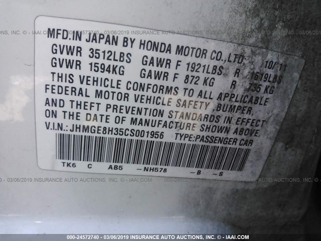 JHMGE8H35CS001956 - 2012 HONDA FIT WHITE photo 9