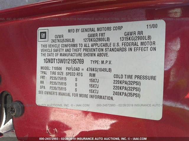 1GNDT13W012195769 - 2001 CHEVROLET BLAZER RED photo 9