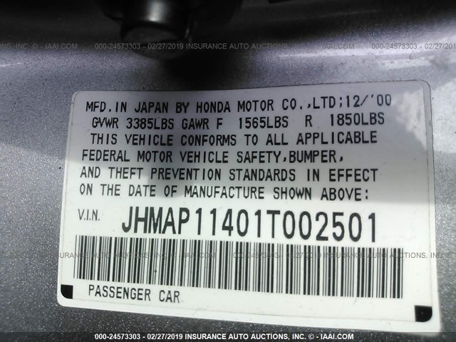 JHMAP11401T002501 - 2001 HONDA S2000 GRAY photo 9