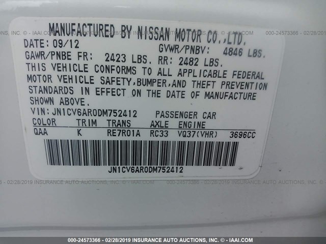 JN1CV6AR0DM752412 - 2013 INFINITI G37 WHITE photo 9