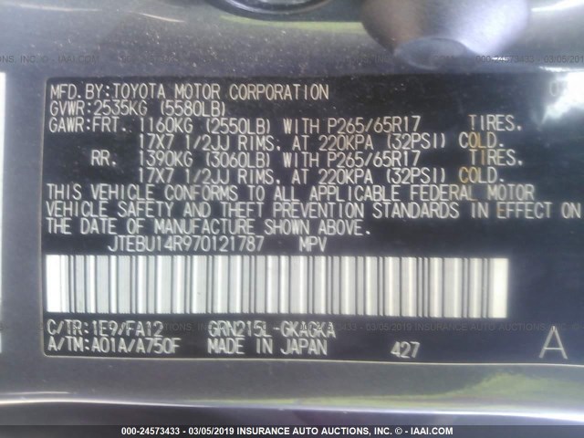 JTEBU14R970121787 - 2007 TOYOTA 4RUNNER SR5/SPORT GRAY photo 9