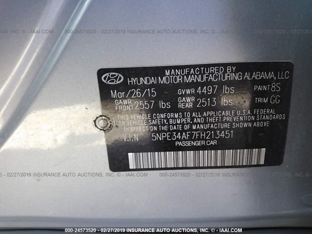 5NPE34AF7FH213451 - 2015 HYUNDAI SONATA SPORT/LIMITED SILVER photo 9