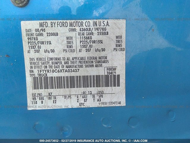 1FTYR10C6XTA03437 - 1999 FORD RANGER BLUE photo 9