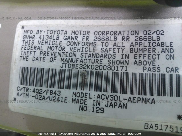 JTDBE32K020080171 - 2002 TOYOTA CAMRY LE/XLE/SE GOLD photo 9