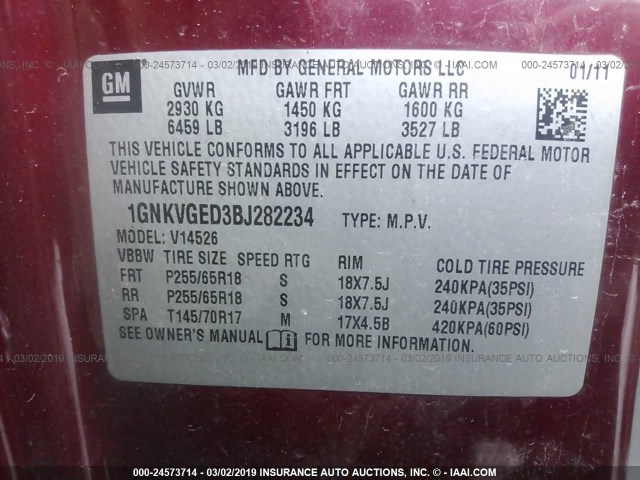 1GNKVGED3BJ282234 - 2011 CHEVROLET TRAVERSE LT MAROON photo 9