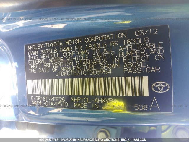 JTDKDTB31C1505954 - 2012 TOYOTA PRIUS C BLUE photo 9