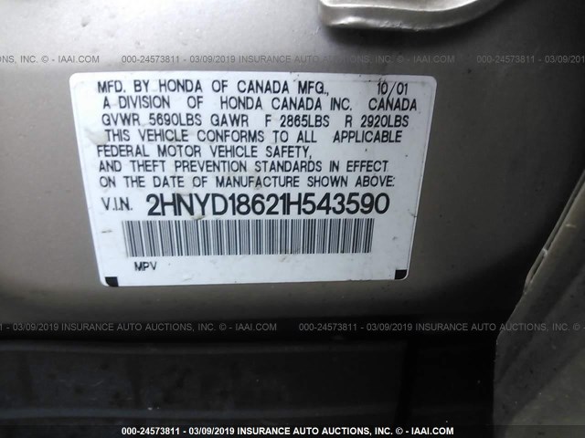 2HNYD18621H543590 - 2001 ACURA MDX TOURING GOLD photo 9