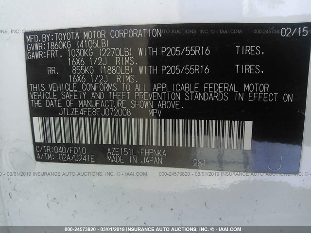 JTLZE4FE8FJ072008 - 2015 TOYOTA SCION XB WHITE photo 9