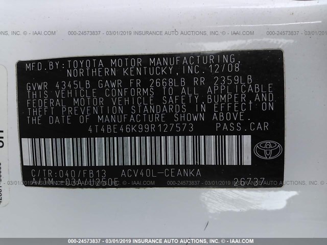4T4BE46K99R127573 - 2009 TOYOTA CAMRY SE/LE/XLE WHITE photo 9