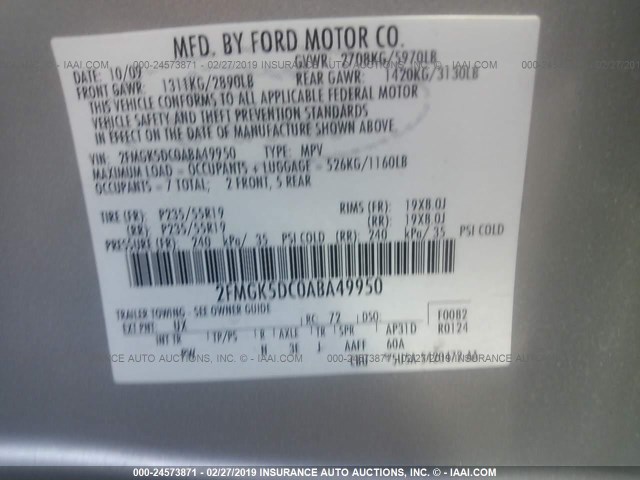 2FMGK5DC0ABA49950 - 2010 FORD FLEX LIMITED SILVER photo 9