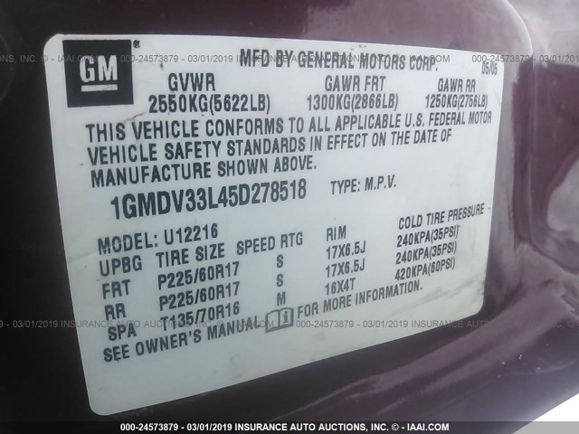 1GMDV33L45D278518 - 2005 PONTIAC MONTANA SV6 MAROON photo 9