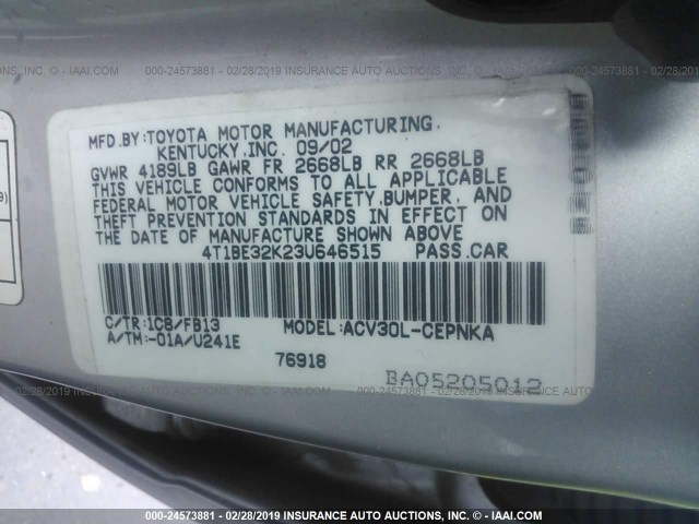 4T1BE32K23U646515 - 2003 TOYOTA CAMRY LE/XLE/SE SILVER photo 9