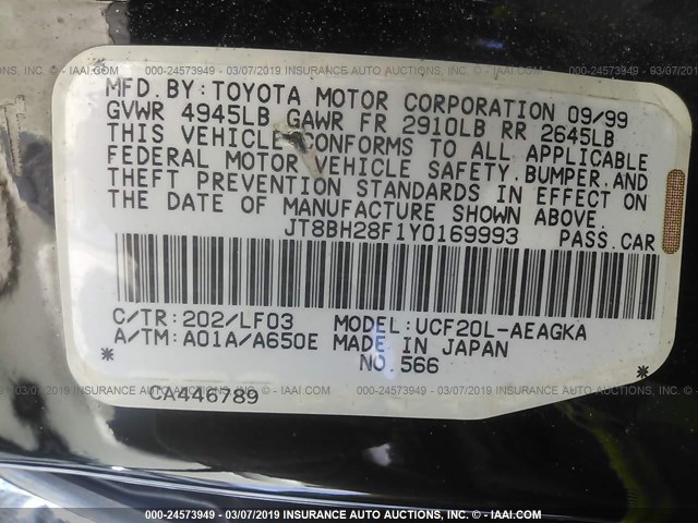 JT8BH28F1Y0169993 - 2000 LEXUS LS 400 BLACK photo 9