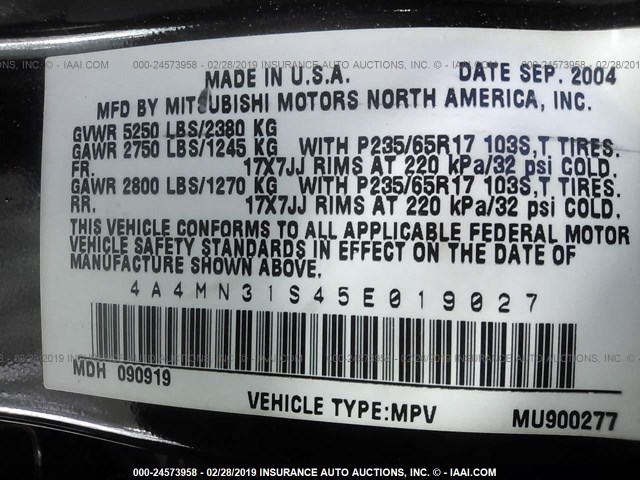 4A4MN31S45E019027 - 2005 MITSUBISHI ENDEAVOR XLS BLACK photo 9