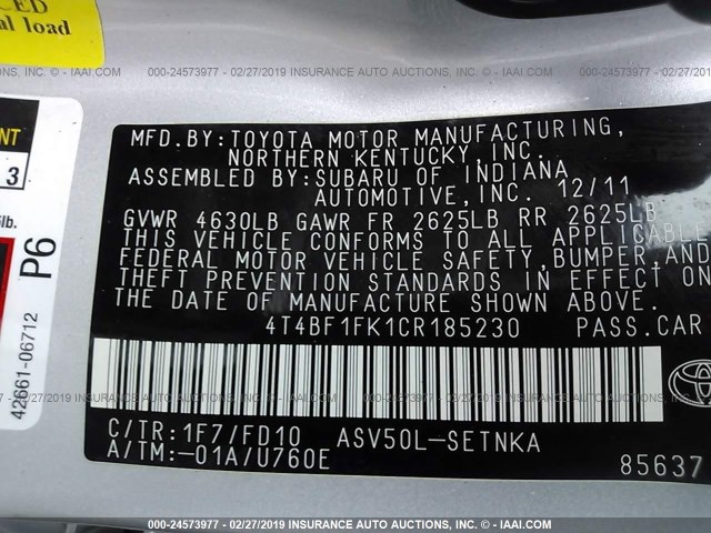 4T4BF1FK1CR185230 - 2012 TOYOTA CAMRY SE/LE/XLE SILVER photo 9