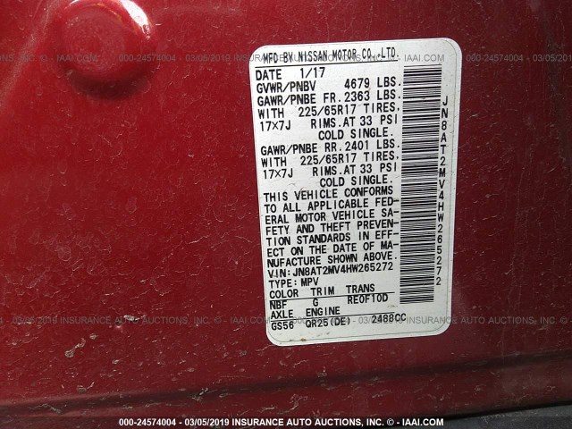 JN8AT2MV4HW265272 - 2017 NISSAN ROGUE S/SL/SV RED photo 9