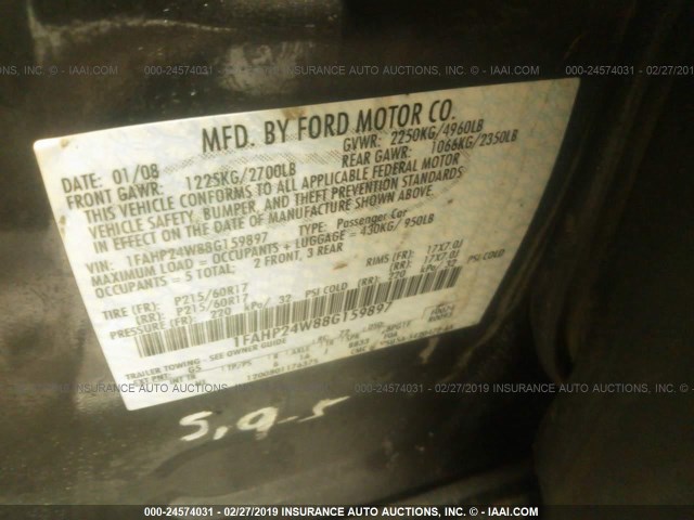 1FAHP24W88G159897 - 2008 FORD TAURUS SEL GRAY photo 9