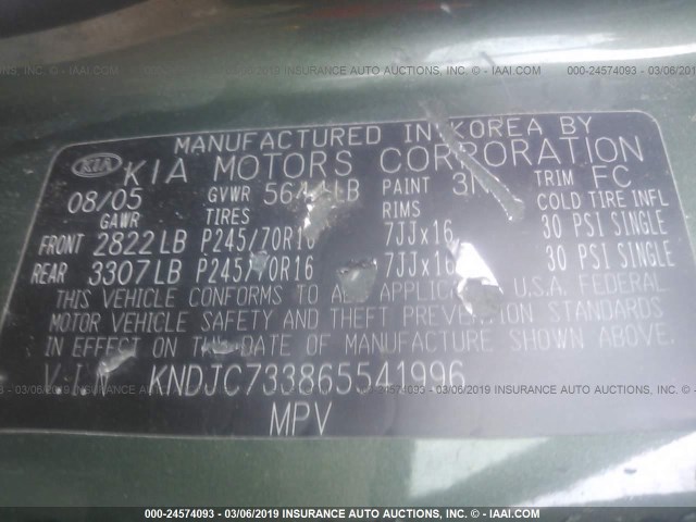 KNDJC733865541996 - 2006 KIA SORENTO EX/LX GREEN photo 9