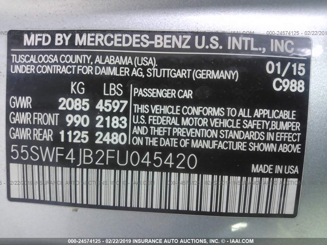 55SWF4JB2FU045420 - 2015 MERCEDES-BENZ C 300 Light Blue photo 9