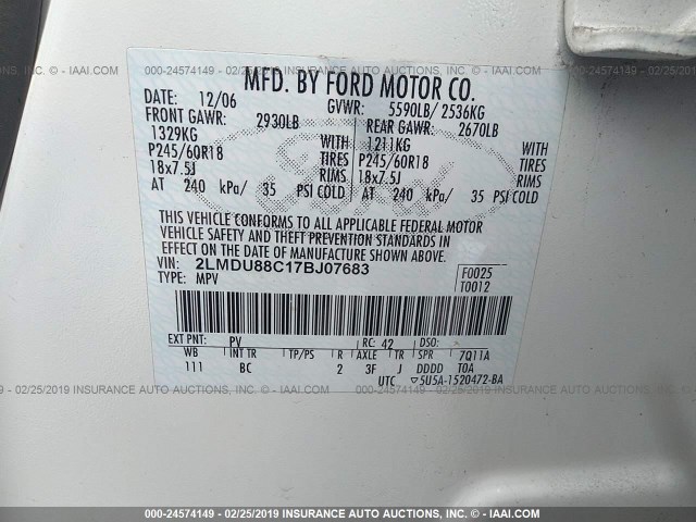 2LMDU88C17BJ07683 - 2007 LINCOLN MKX WHITE photo 9