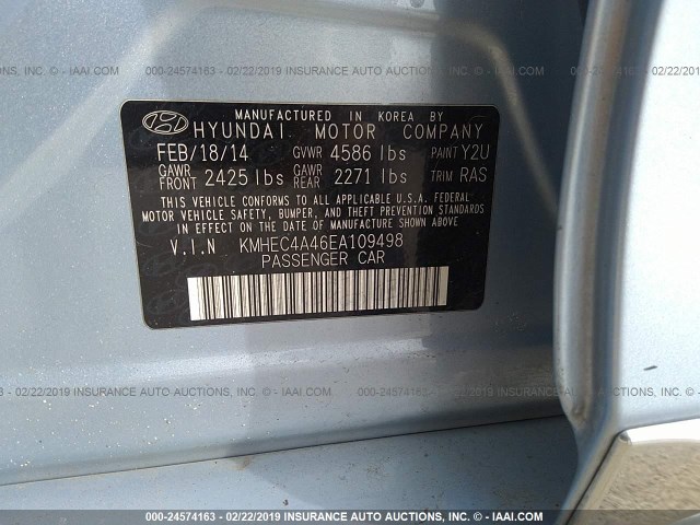 KMHEC4A46EA109498 - 2014 HYUNDAI SONATA HYBRID BLUE photo 9