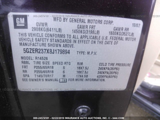 5GZER237X8J179894 - 2008 SATURN OUTLOOK XR იასამნისფერი ფოტო 9