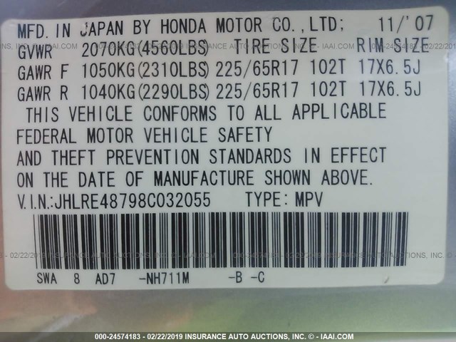 JHLRE48798C032055 - 2008 HONDA CR-V EXL SILVER photo 9