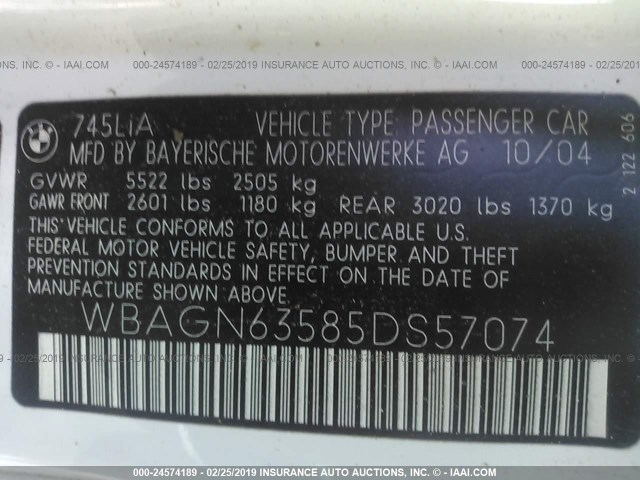 WBAGN63585DS57074 - 2005 BMW 745 LI WHITE photo 9