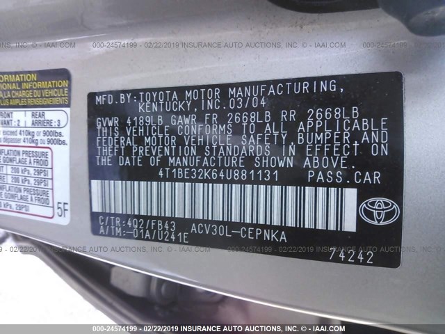 4T1BE32K64U881131 - 2004 TOYOTA CAMRY LE/XLE/SE GOLD photo 9