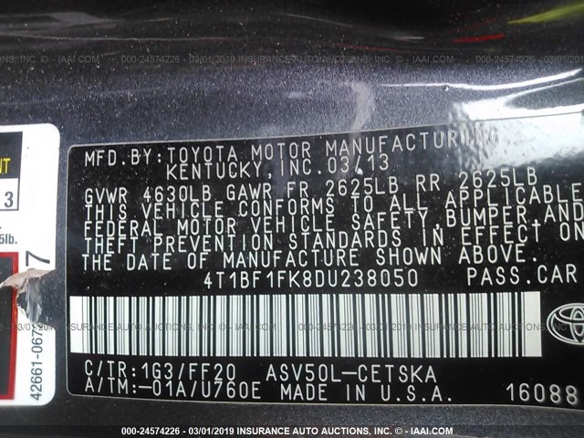 4T1BF1FK8DU238050 - 2013 TOYOTA CAMRY L/SE/LE/XLE Boz foto 9