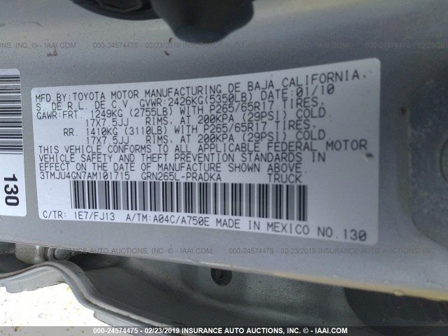 3TMJU4GN7AM101715 - 2010 TOYOTA TACOMA DOUBLE CAB PRERUNNER SILVER photo 9