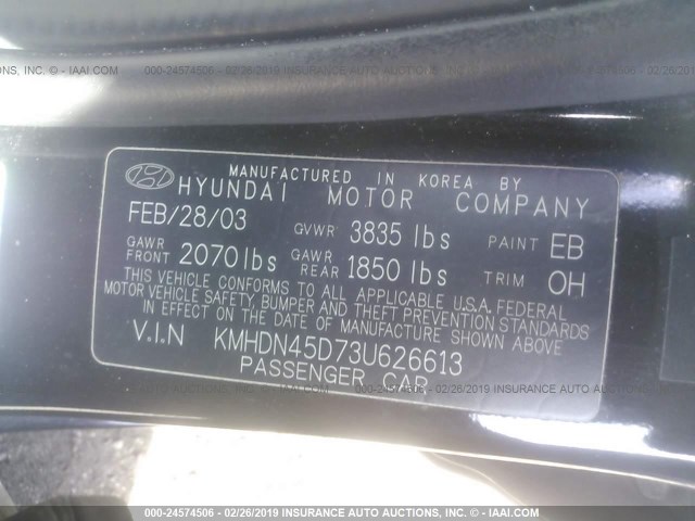 KMHDN45D73U626613 - 2003 HYUNDAI ELANTRA GLS/GT BLACK photo 9