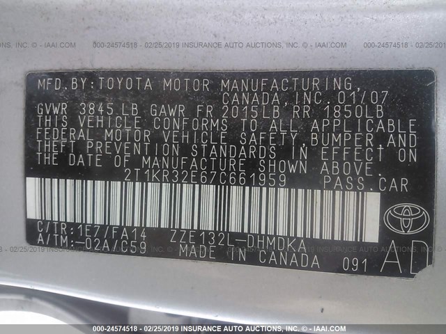 2T1KR32E67C661959 - 2007 TOYOTA COROLLA MATRIX XR SILVER photo 9