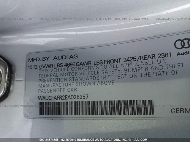 WAUCFAFR2EA028257 - 2014 AUDI A5 PREMIUM SILVER photo 9