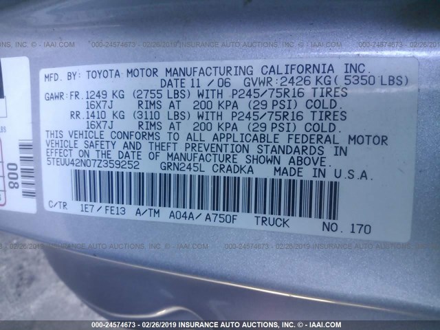 5TEUU42N07Z359252 - 2007 TOYOTA TACOMA ACCESS CAB ვერცხლისფერი ფოტო 9