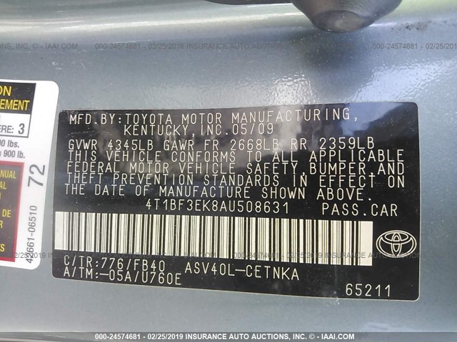 4T1BF3EK8AU508631 - 2010 TOYOTA CAMRY SE/LE/XLE 绿色 照片 9