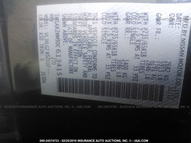 5N1AR2MM9DC613415 - 2013 NISSAN PATHFINDER S/SV/SL/PLATINUM GRAY photo 9