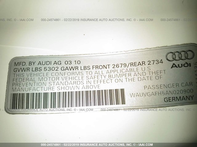 WAUVGAFH5AN020900 - 2010 AUDI S5 PRESTIGE WHITE photo 9