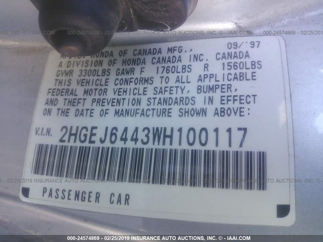 2HGEJ6443WH100117 - 1998 HONDA CIVIC DX SILVER photo 9