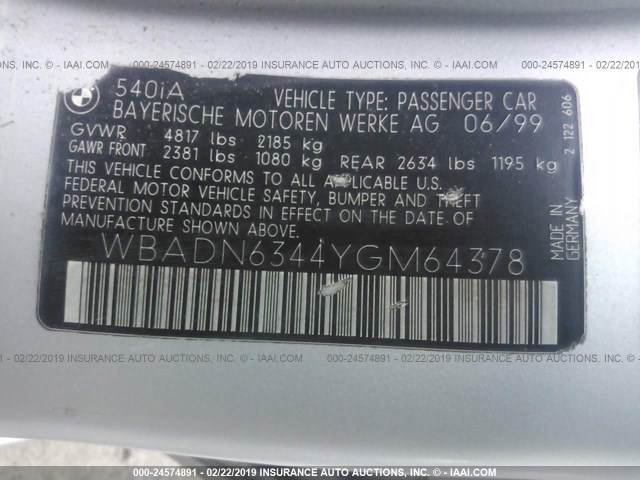 WBADN6344YGM64378 - 2000 BMW 540 I AUTOMATIC SILVER photo 9